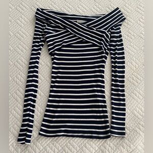 Abercrombie & Fitch Navy and White Striped Off-Shoulder Top